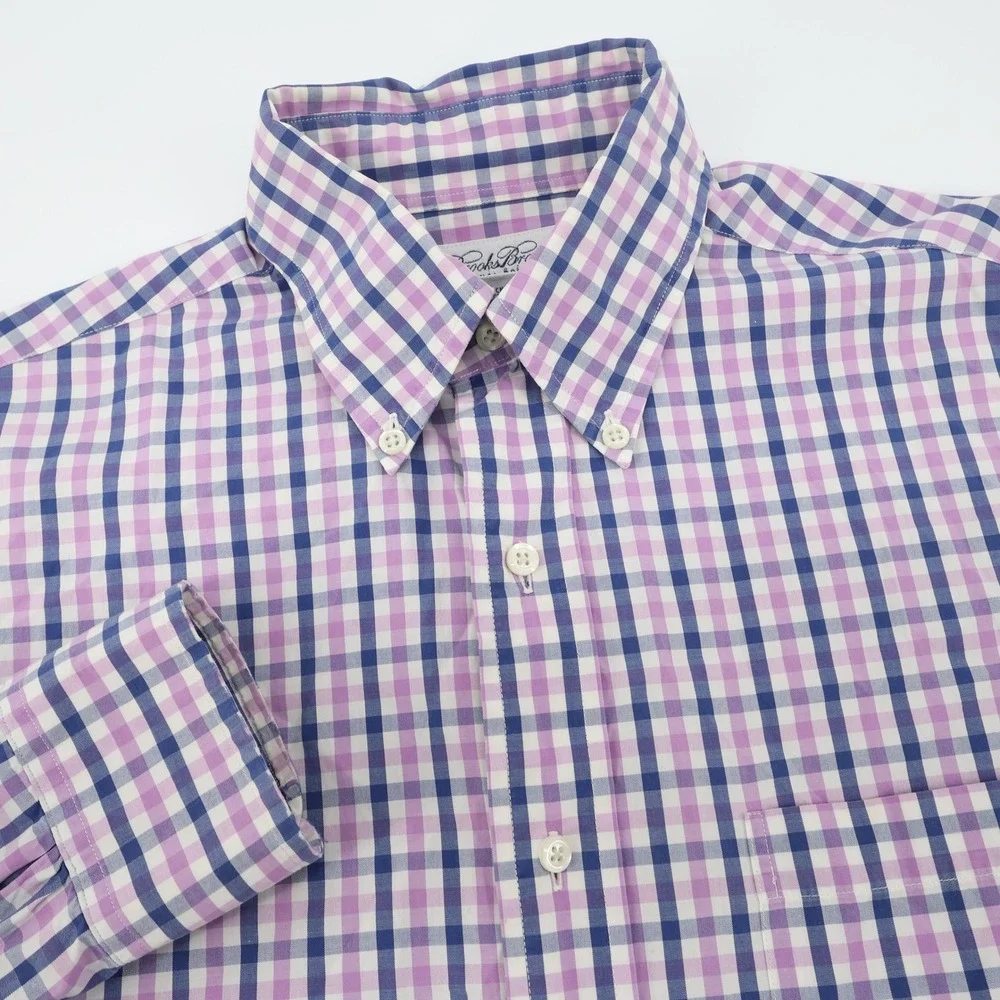 Brooks Brothers Gingham Check Shirt Mens 14 1/2‎ 32 33 Small Pink Blue Plaid